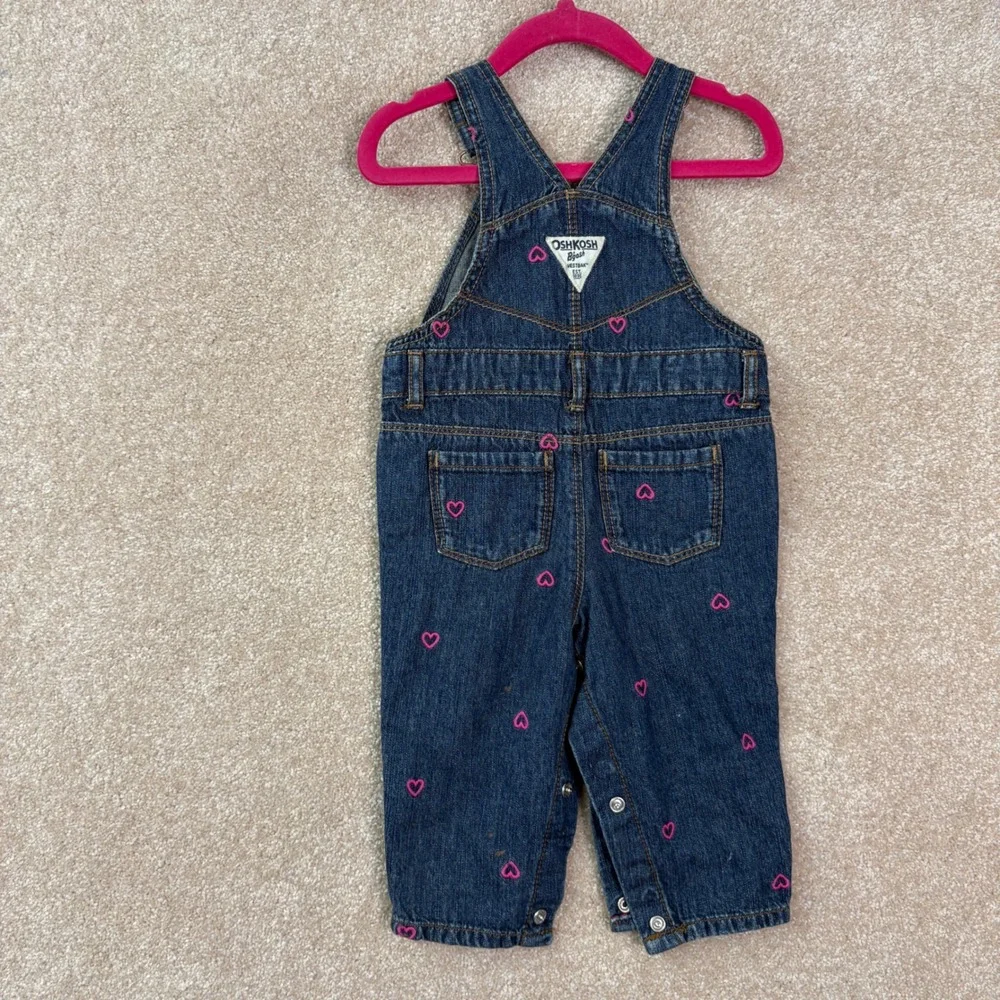 OSHKOSH Vestbak Denim Overalls Girls 9M Pink Heart Embroidered Bib